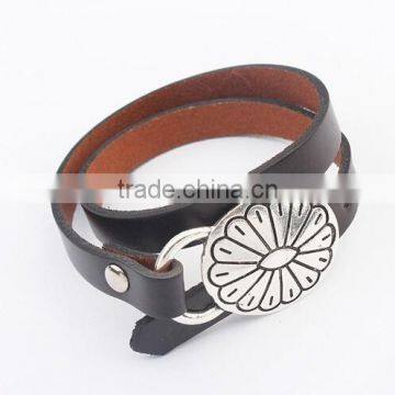 Wholesale Leather Charm Bracelet Brown Leather Wrap Bracelet With Vintage Tone Flower Charm Boho Exotic Leather Cuff Bracelet photo-2