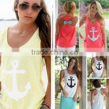 2015 Anchor Tank Tops Graphic Tee Women Back Bow Sleeveless shirt Summer Style Debardeur Woman anchor vest