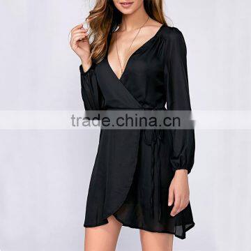 Solid Ladies Lace-up Puff Sleeve Plunging Neckline Mini Chiffon Dress photo-2