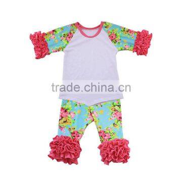 Summer baby girls fashion design beautiful patterns raglans ruffle shirt children pants clothing sets wholesale kids 2 pcs set