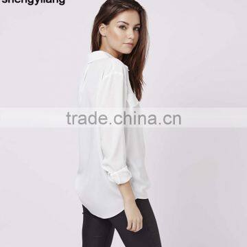 Simple and Stylish Women White Shirts Wholesale,custom Tie-Up Pocket Blouse With Your Own Logo China Supplier