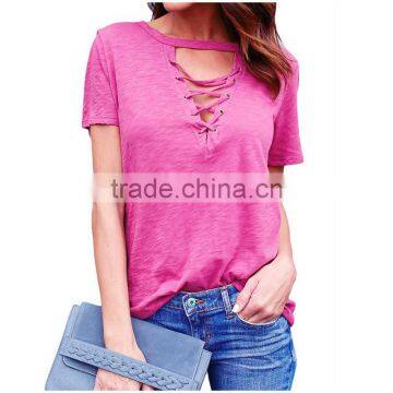 Women's Short Sleeve V-neck Sexy t Shirt With Eyelet Lace-up photo-2