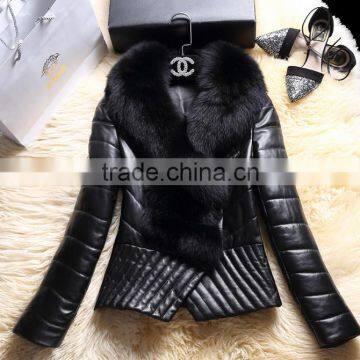 China Supplier Short Shorn Sheepskin Double faced Leather Jacket with Fox Fur Collars Coat