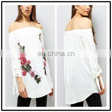 Ladies Floral Embroidered White Shoulderless Long Summer Tops (TP1761702)