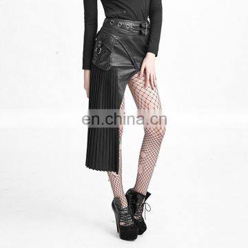 Q-274 Punk Rave Gothic Black High-low Asymmetrical Pleated Vegan Leather Skirt photo-2