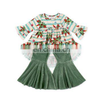 Cute Baby Christmas Green Stripe Flamingo Pom Pom Tunic And Bell Bottoms Girls Boutique Clothing Wholesale Children Clothes USA photo-3