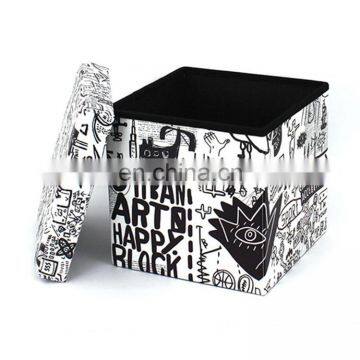 Customized modern printed pvc leather folding storage foot rest pouf ottoman