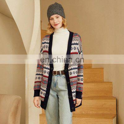 Women Plus Size V Neck Jacquard Cashmere Wool Cardigan Printed Sweater photo-3