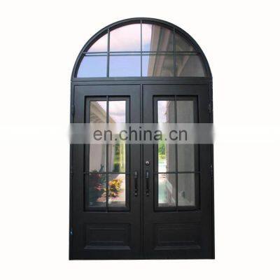 black readymade villa arched top french transom simple design waterproof double swing entry wrought iron and glass front door