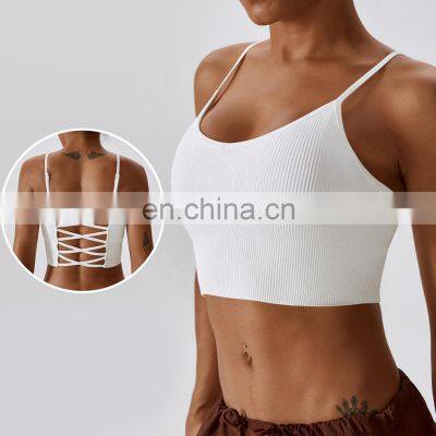 Ribbed High Support Sports Strapped Bras Wholesale Cross Back Adjustable Sling Yoga Tank Top