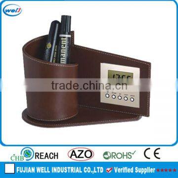 Customized office pu leather pen holder with digtal clock manufacturer