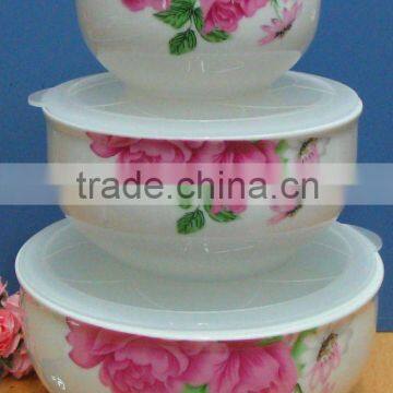 factory directly sell porcelain fresh bowl with plastic lid 3 food storage bowl-Rose set