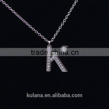 PN91402 Cubic Zirconia Pave Stainless Steel Letter Initial Alphabet K Pendant Necklace