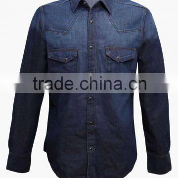 New 2016 adults mens fashion sleeve denim shirt darker blue jeans high quality facotry in China