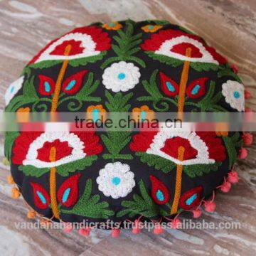 Round Suzani Embroidered Decorative Cushion Cover 16x16"