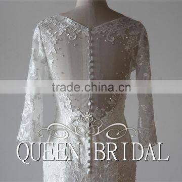 Real Sample Appliqued Lace 3/4 Long Sleeve Fish Style Wedding Dress Price