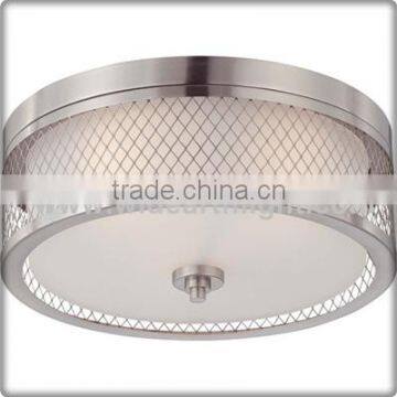 UL CUL Listed Brushed Nickel Round Hotel Glass Ceiling Light With Metal Wire Shade C81390