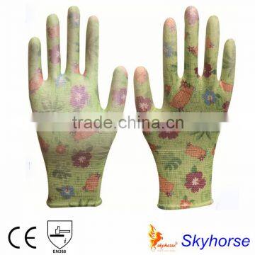 Printing Polyester Shell PU coated women garden antistatic gloves