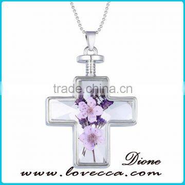 glass terrarium cross necklace dried flower design glass bottle necklace pendant for women