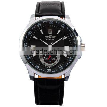 Mens Classical Timepiece Black Leather Strap Automatic Date Display Mechanical Watch