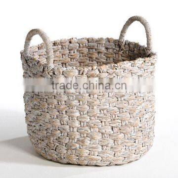 White washed color water hyacinth laundry basket, handicrafted in Vietnam
