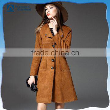 New arrival winter wear plain longline faux suede leather coat