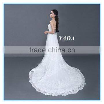 Spaghetti Strap Lace Sexy Low Back 5 Layers Ruffles Wedding Dress With Bridal Mantilla Veil photo-5