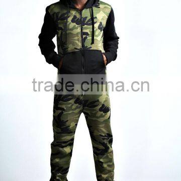 camo printed adult onesie with black sleeves and pocket