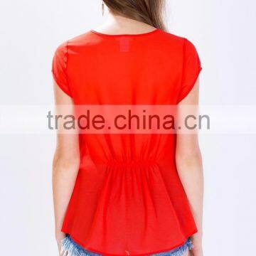 Wholesale Pleated Front Short Sleeves Tee Shirt Cheap Zipper Women Tee photo-3