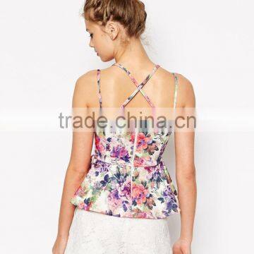 2016 Guangzhou Shandao OEM Women New Summer Sexy Spaghetti Strap Cross Back Slim Fit Cotton Flower Print Ladies Tops photo-3