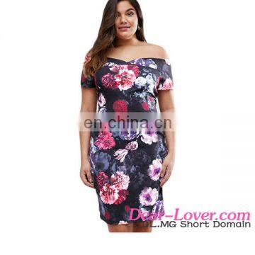 Plus Size Purple Elegant Off Shoulder Floral Bardot Dress