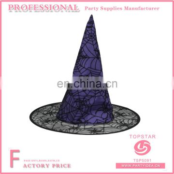 Purple polyster halloween party favor witch hat spider web decorated conical hats