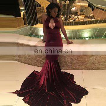 Red Velvet Long Modern Prom Dresses Halter Mermaid Sleeveless Evening Dress