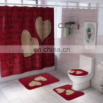 Polyester Wooden Transfer Printed Shower Curtain Lid Toilet Cover Bath Mat Rug With Hooks photo-2