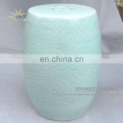 Antique light green HAND CARVED Flower design ceramic porcelain round ottoman bed end stool