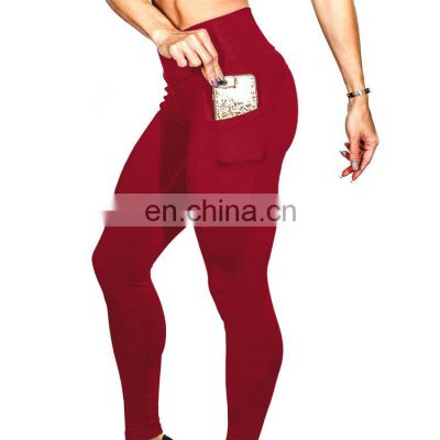 Wholesale quality burgundy sexy leggings high waist seamless butt lifting waist training yoga pants with pocket