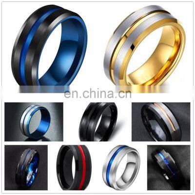 Fashion 8MM Men's Stainless Steel Rings Colorful Groove Beveled Edge Wedding Engagement Ring Men's Anniversary Jewelry