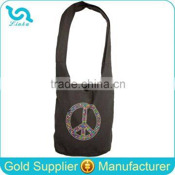 New Stylish Marked Crystal Peace Sign Hobo Hippie Sling Bag Crossbody Canvas Hippie Bag