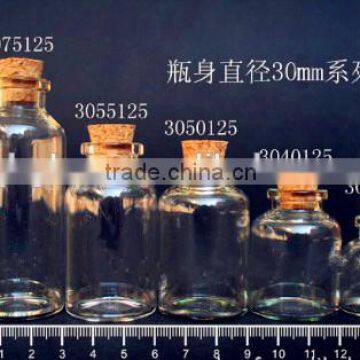 30mm diameter test tube glass bottle with cork, borosilicate glass tube bottle