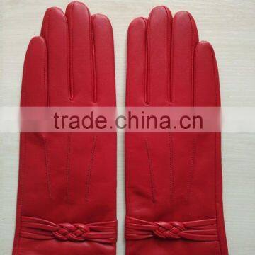 ladies red winter thin leather hand gloves winter with knot