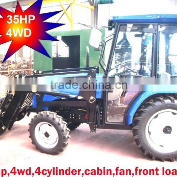 35HP 4wd mini farm tractor with loader and backhoe,4cylinders,8F+2R shift,with Cabin,heater,fan,fork,blade