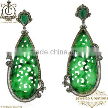 14K Gold Gemstone Earrings, Jade Gemstone Carved Dangle Earrings, Pave Diamond Gemstone Carving Earrings Jewelry Wholesale