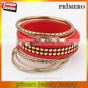 Punk Leather Fashion Retro Red Wood Bangle Multilayer Alloy Bracelet For Lady's