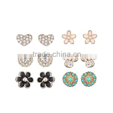 Clear White Diamante Black Enamel Pink Blue Turq Flower Micro Stud Earring Set