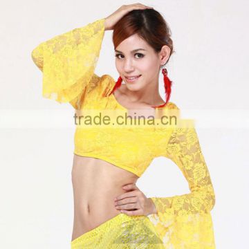 Belly Dance Training long sleeve Yellow Rose Lace Dance Costume Tops