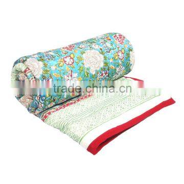 Soft Cotton Blanket Hand block printed Floral Canvas Jade Queen Quilt