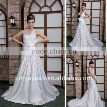 China Wholesale Cheap Wedding Dress White Satin Lace Beaded A-line Halter Corset BackXYY-013 Bridal Gown