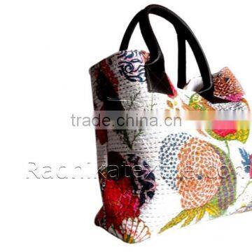 RTHHBC-36 White Indian Kantha Tote Bag hand Made Shoulder Kantha Bags Jaipur Manufacturer