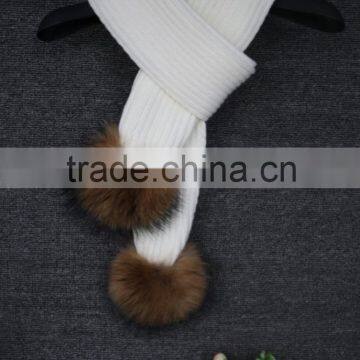 Unique Knitted White Long Winter Scarf With Two Real Raccoon Fur Pompoms