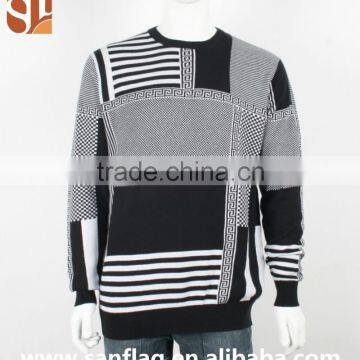 Mens round neck long sleeve pullover100%cotton knitted sweater, pattern jacquard sweater design for men